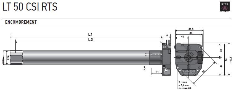 Dimensions du moteur Somfy LT50 CSI RTS