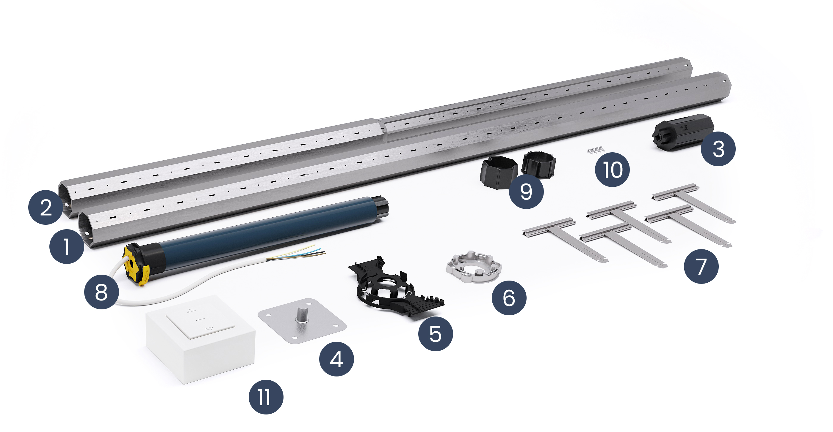 Contenu d’un axe motorisé Somfy filaire en longueur 2500mm