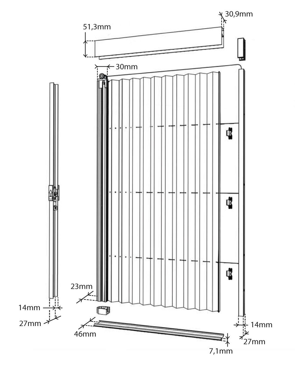 Schéma des dimensions de la moustiquaire plissée en aluminium