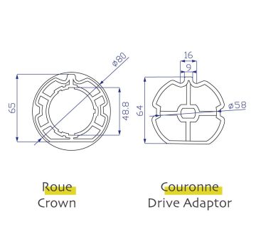 Adaptations Axe octogonal ø60mm pour moteurs AVOSDIM ø45mm (roue et couronne)