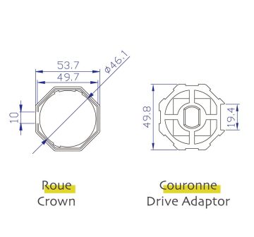 Adaptations Axe octogonal ø60mm pour moteurs AVOSDIM ø45mm (roue et couronne)