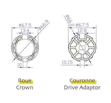 Adaptations Axe octogonal ø60mm pour moteurs AVOSDIM ø45mm (roue et couronne)